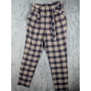 Hollister Women's Ultra High Rise Plaid Paperbag Belted Trousers Blue Tan Size S
